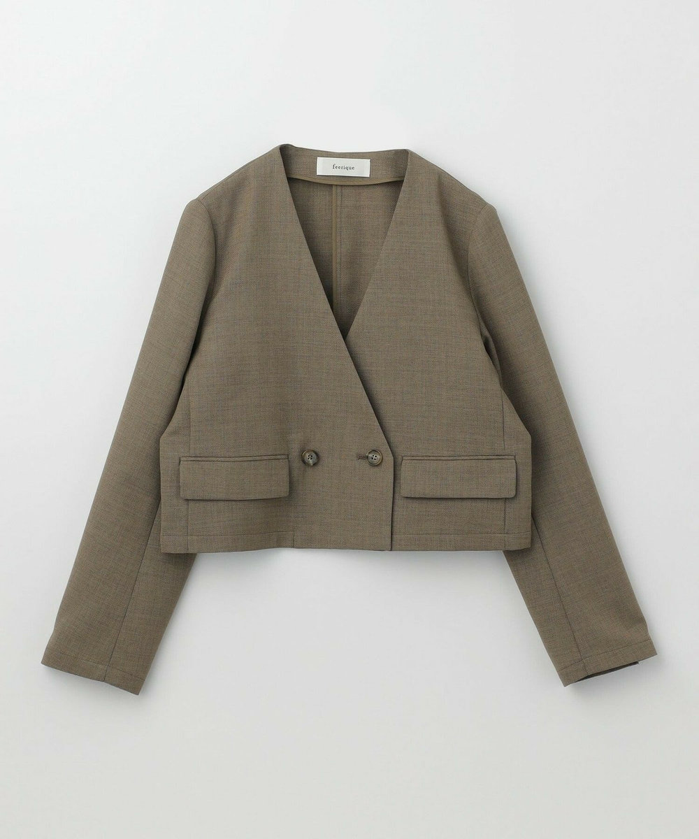 feerique 麻調メッシュノーカラーショートジャケット ベージュ