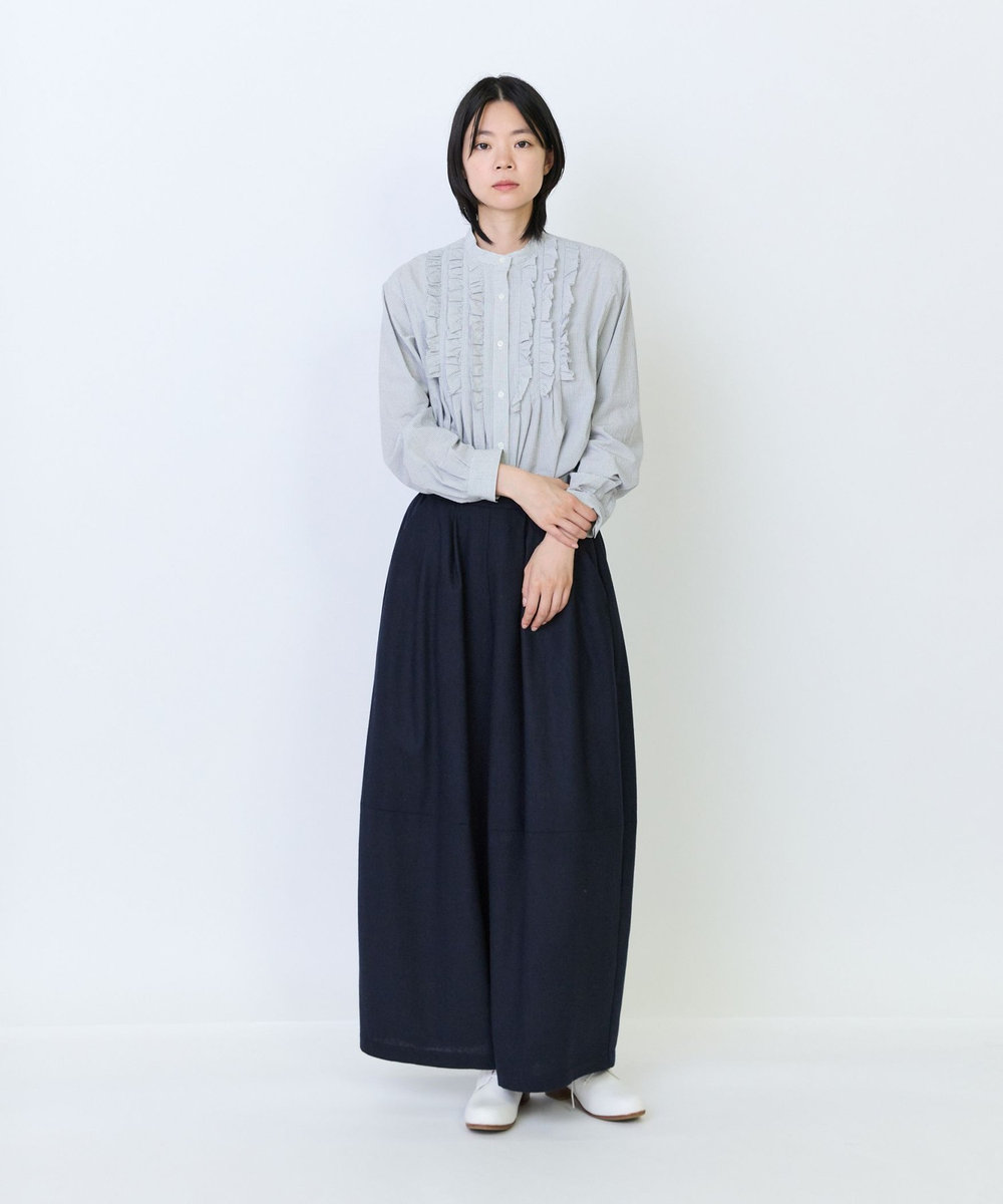 LOISIR ウール混ツイードボトルシルエットパンツ ネイビー