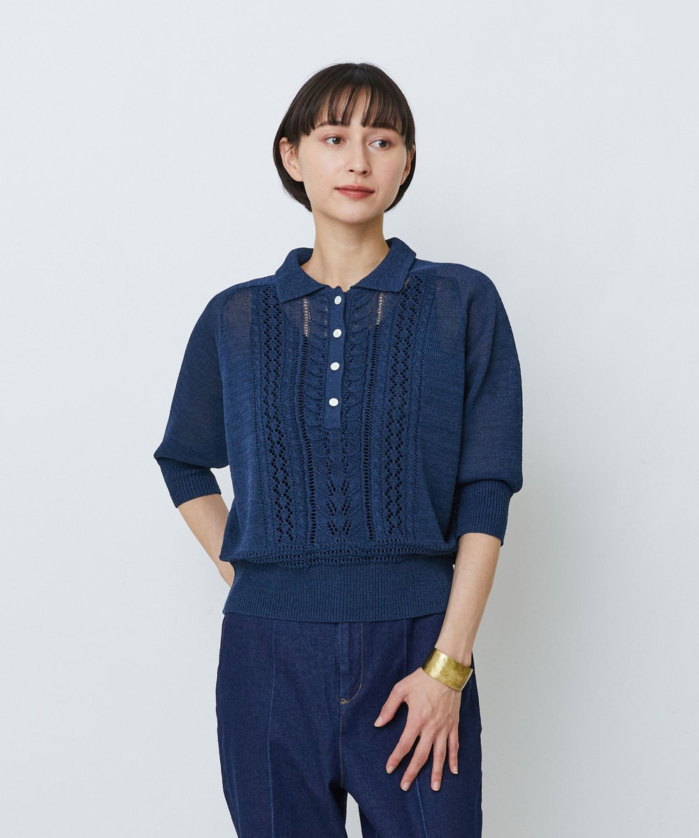 LOISIR エステル和紙透かし柄ポロニット ネイビー
