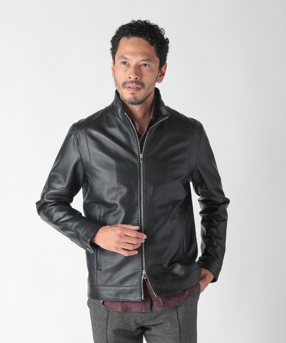 MEN'S BIGI スタンドカラーシングルライダース レザージャケット ブラック