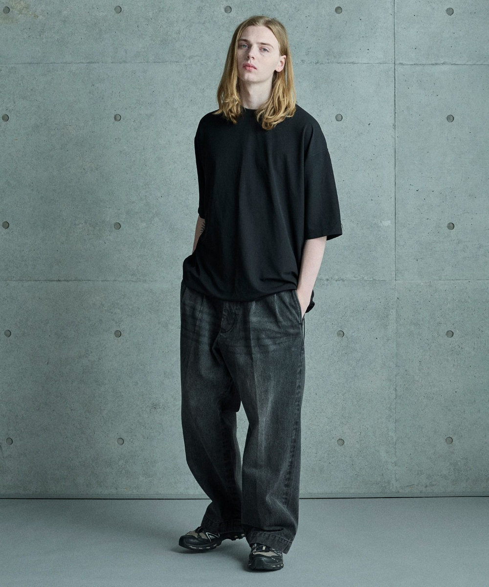 MEN'S BIGI シアサッカー調ルーズフィットTEE ブラック