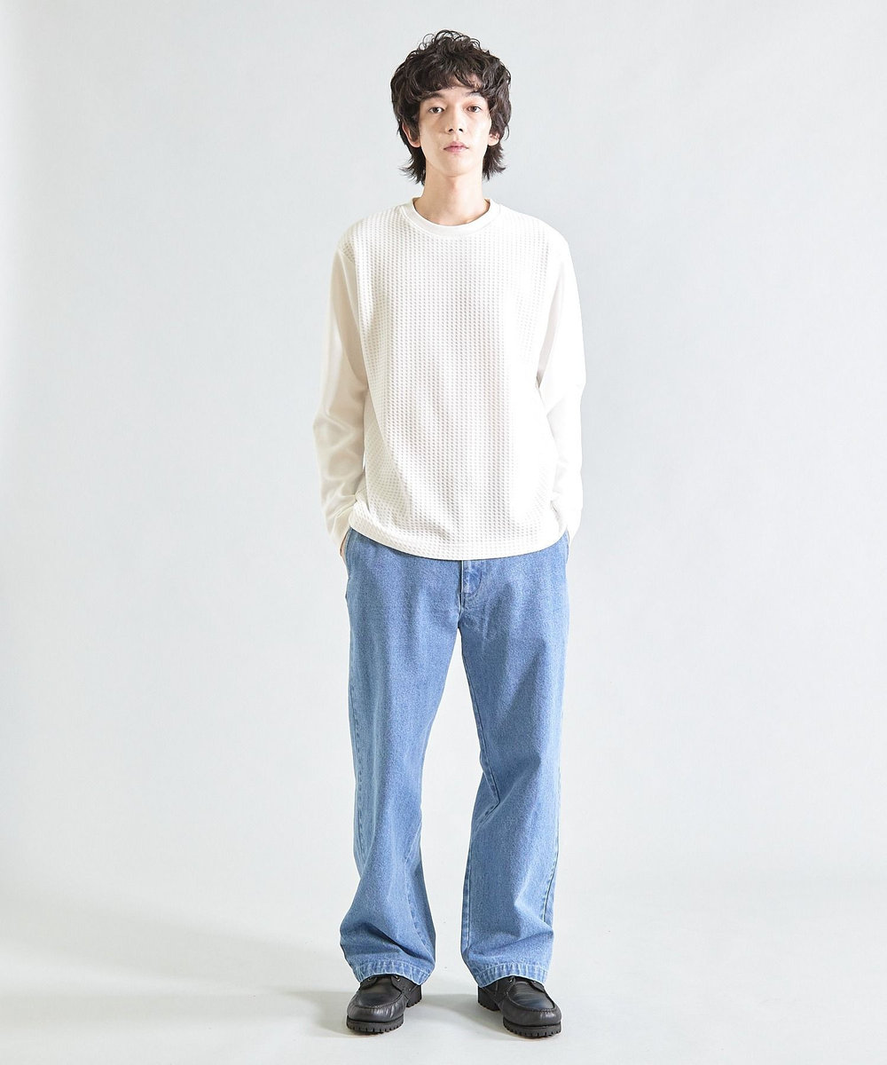 UNION STATION 異素材コンビ ワッフルジャガードTee ホワイト