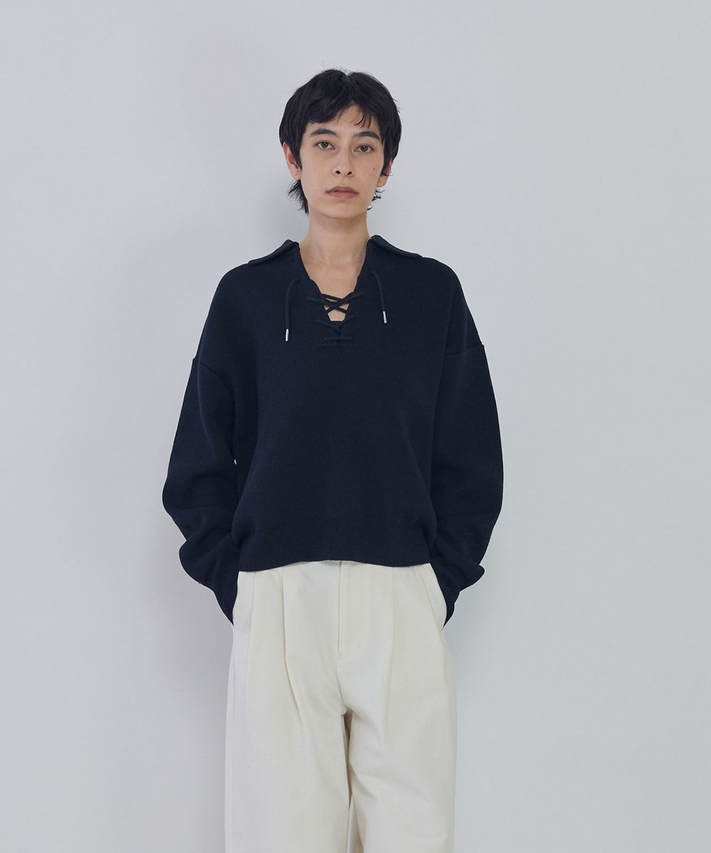 1er Arrondissement レースアップポロニットプルオーバー ネイビー