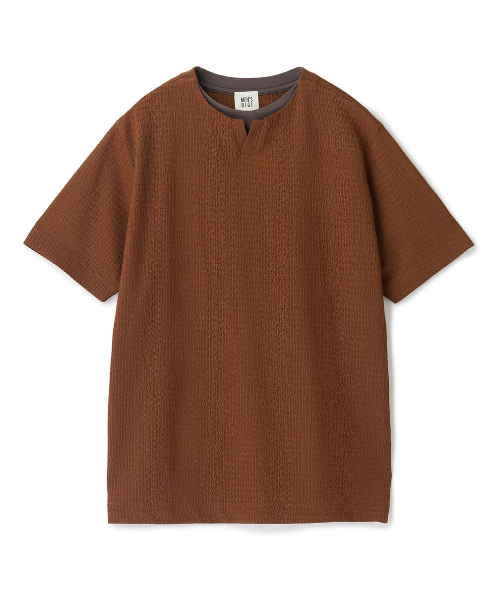 MEN'S BIGI フェイクレイヤードキーネック半袖Tシャツ ブラウン