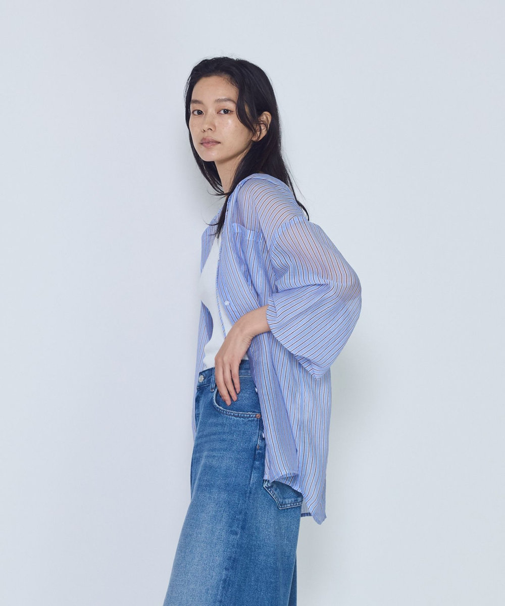 1er Arrondissement シアーマルチストライプフードシャツ ブルー