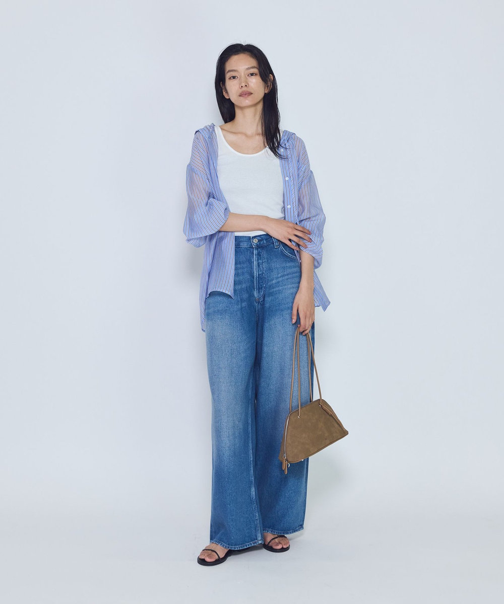 1er Arrondissement シアーマルチストライプフードシャツ ブルー