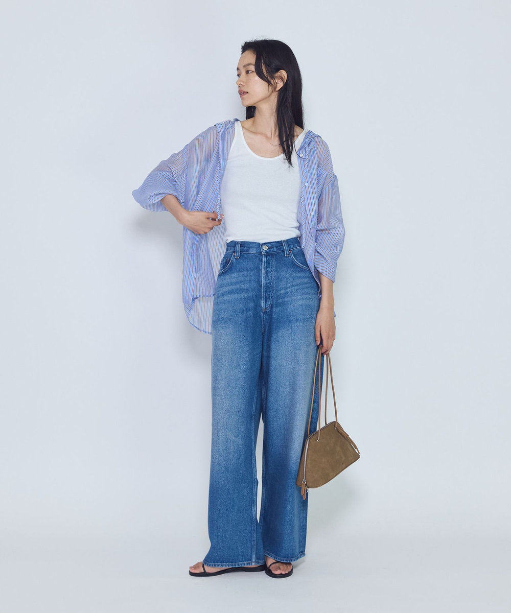 1er Arrondissement シアーマルチストライプフードシャツ ブルー