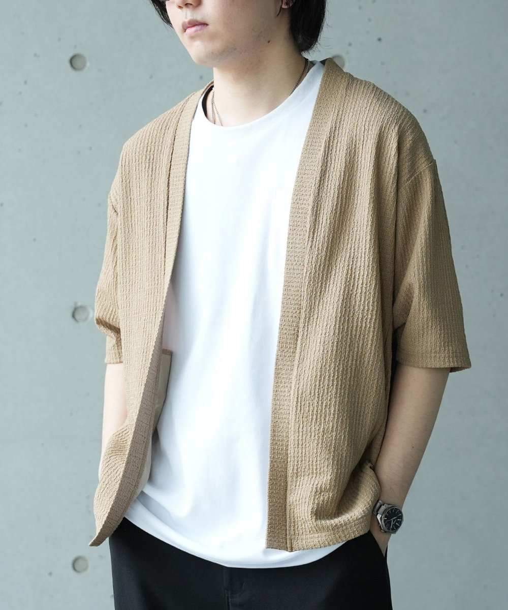 UNION STATION *WEB限定 シアー ジャガード 5分袖 ボタンレスカーディガン ベージュ