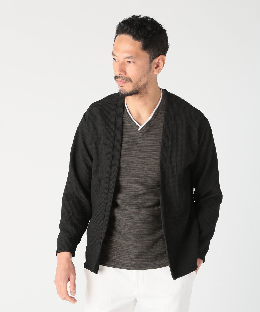 MEN'S BIGI ワッフルシアサッカー素材カーディガン ブラック