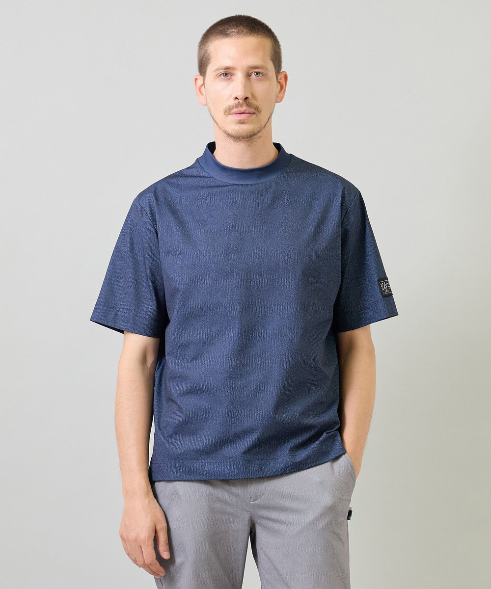 UNION STATION ドットメッシュプリントモックネックTシャツ＜ストレッチ・軽量・ハンドウォッシャブル・通気性＞ ネイビー