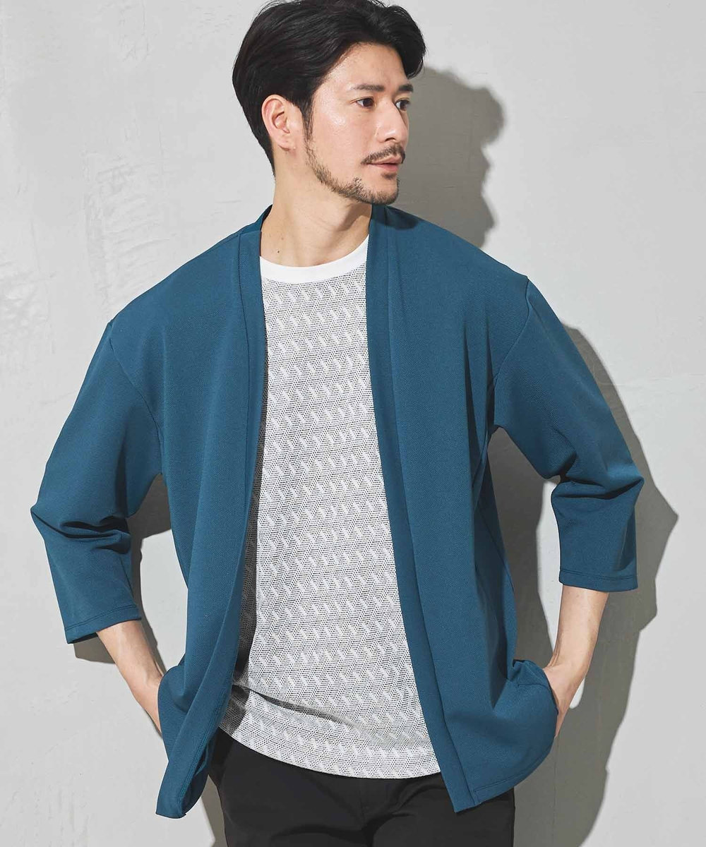UNION STATION カットカルゼWフェイス7分袖カーディガン ブルー