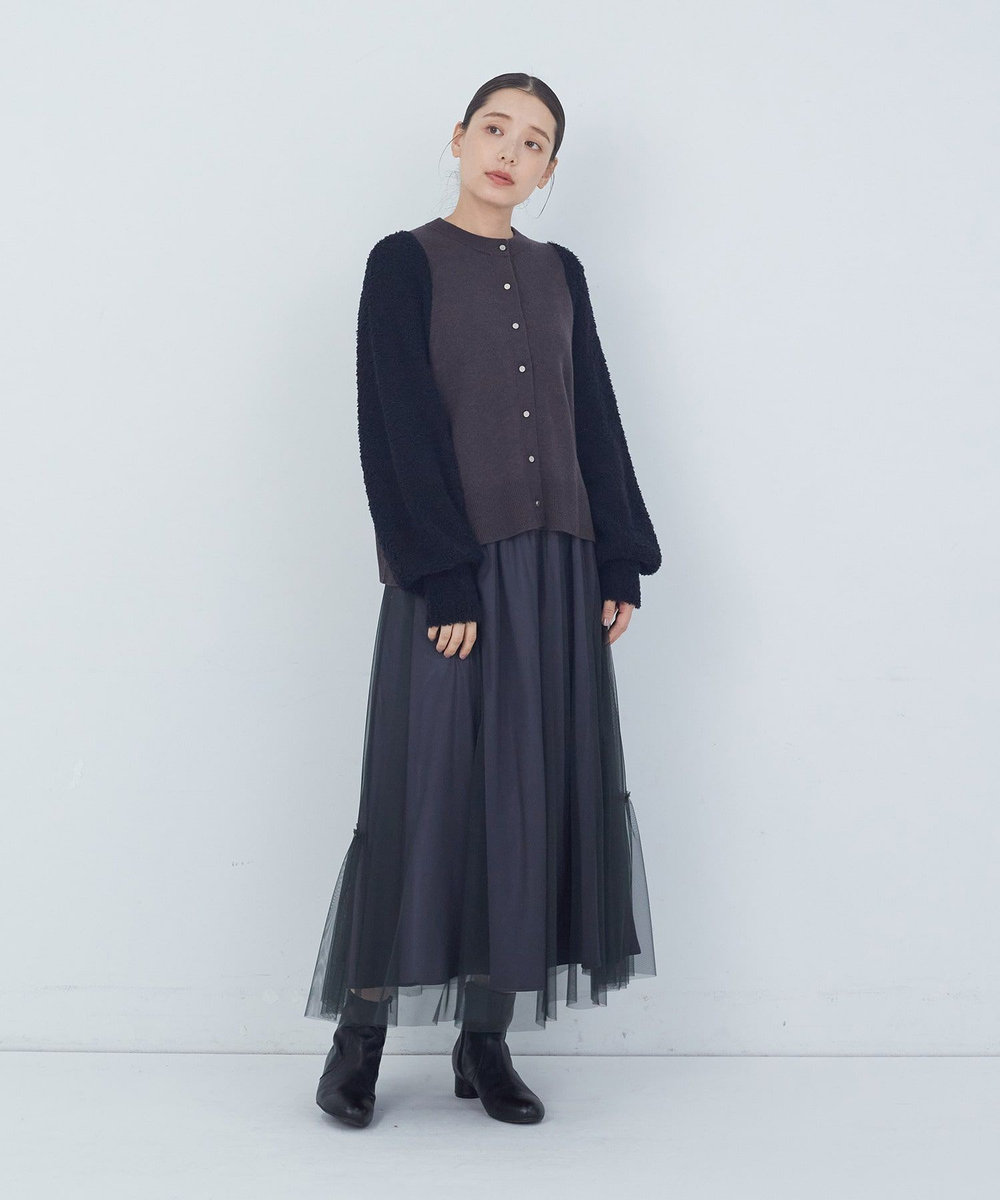 ADIEU TRISTESSE ウールナイロンブークレー×ウールセミ梳毛コンビカーディガン ブラック