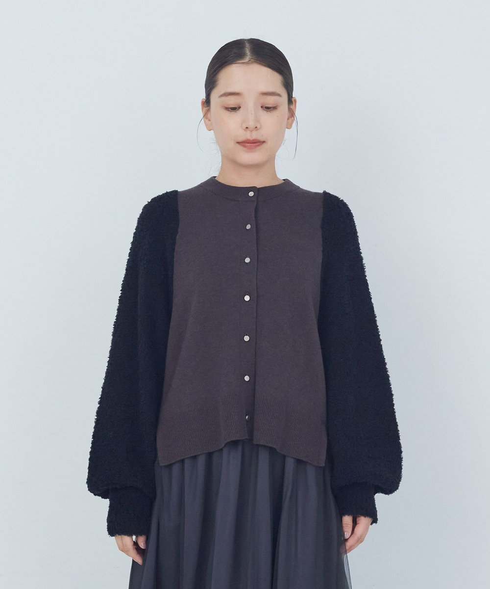 ADIEU TRISTESSE ウールナイロンブークレー×ウールセミ梳毛コンビカーディガン ブラック
