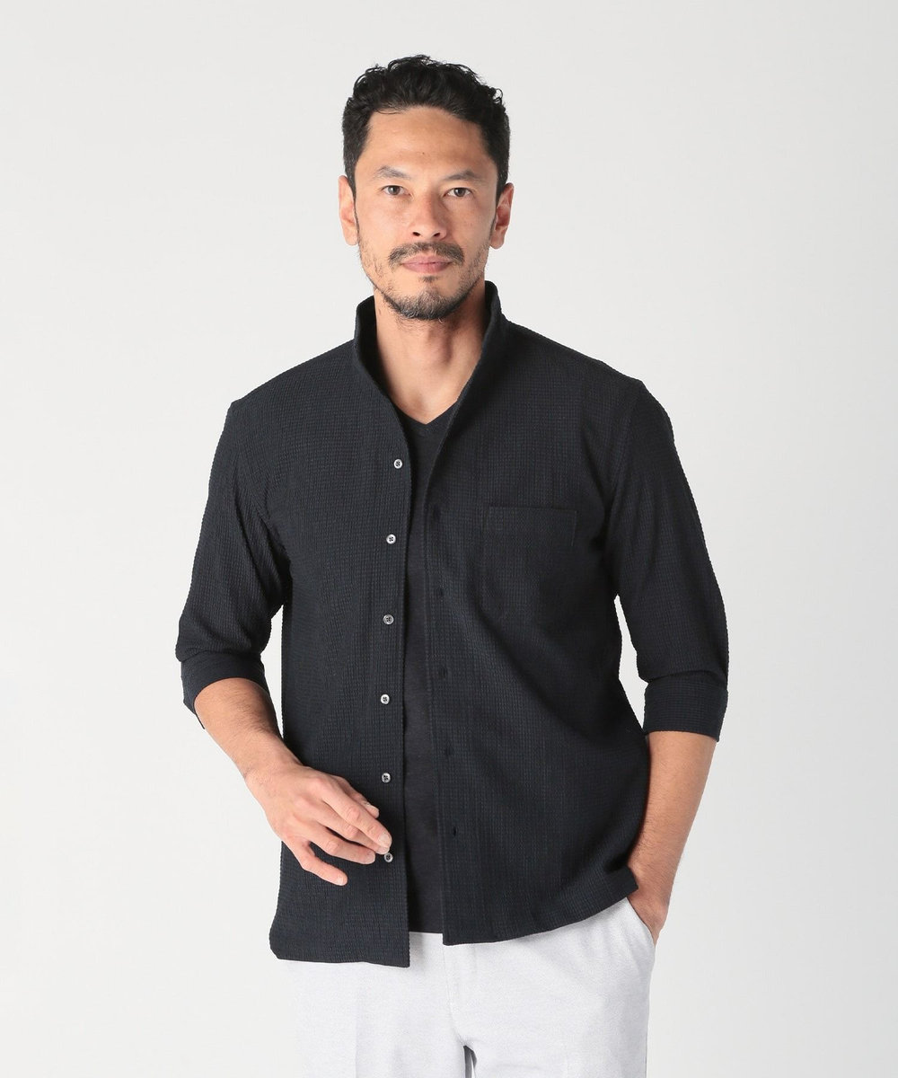 MEN'S BIGI カラミ織風サッカー七分袖スタンドカラーシャツ<ストレッチ/通気性> ネイビー