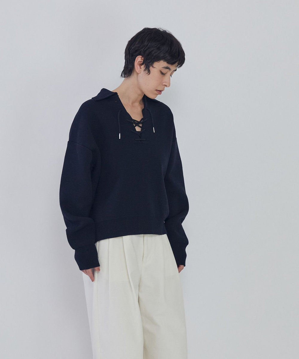 1er Arrondissement レースアップポロニットプルオーバー ネイビー