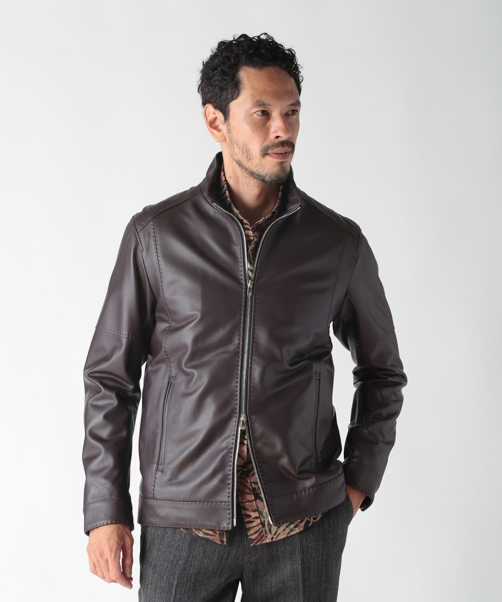 MEN'S BIGI スタンドカラーシングルライダース レザージャケット ボルドー