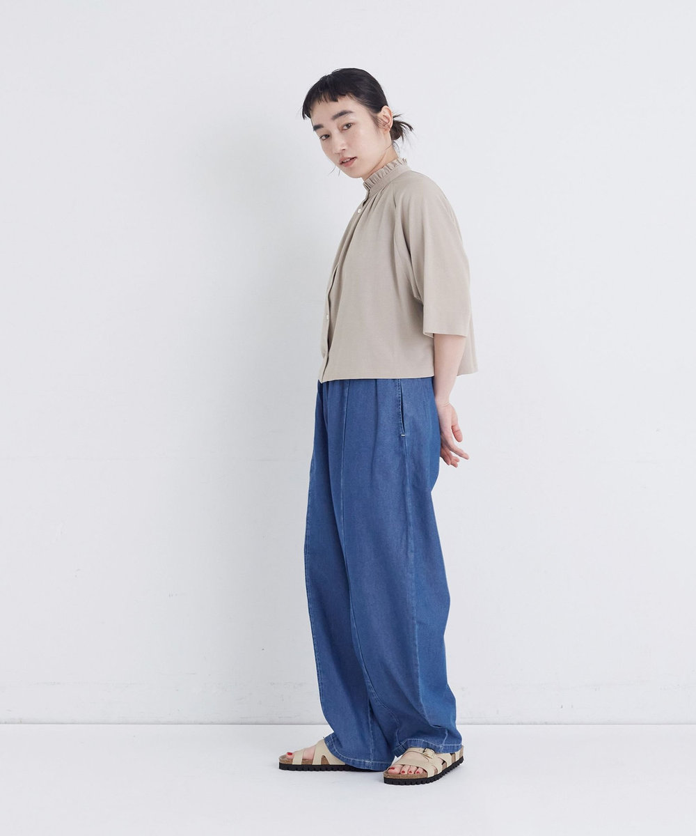 congés payés ADIEU TRISTESSE 【FAVE】ジャージーフリルカラークロップドブラウス グレイッシュベージュ