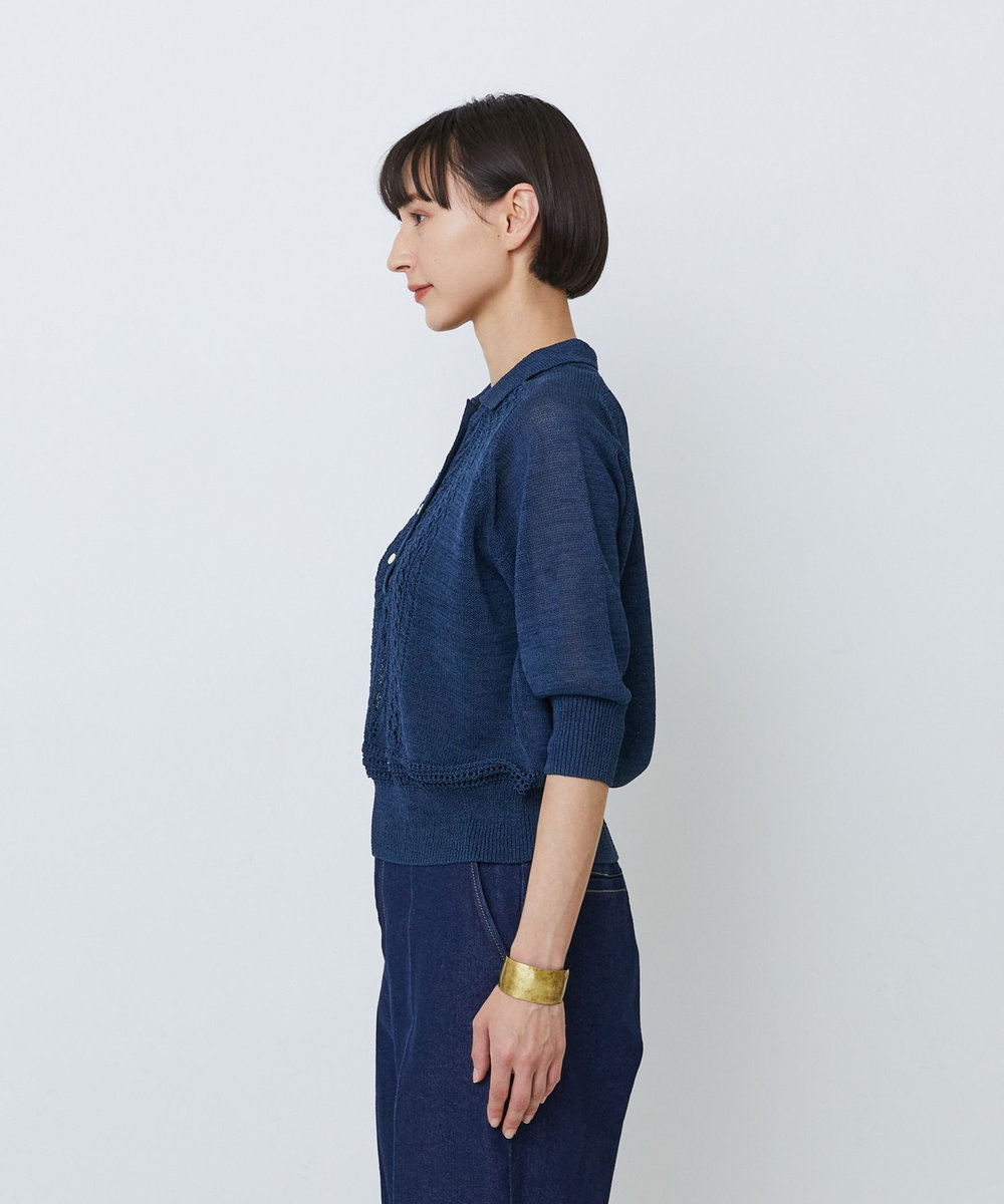 LOISIR エステル和紙透かし柄ポロニット ネイビー