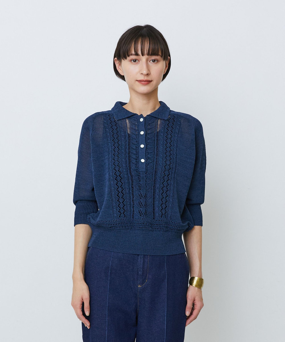 LOISIR エステル和紙透かし柄ポロニット ネイビー
