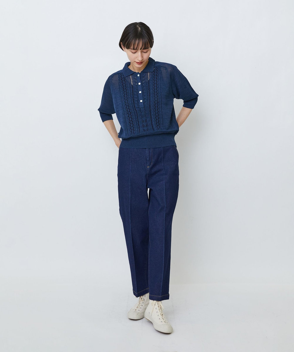 LOISIR エステル和紙透かし柄ポロニット ネイビー