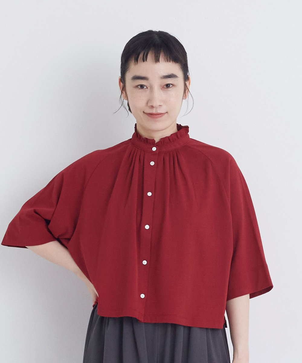 congés payés ADIEU TRISTESSE 【FAVE】ジャージーフリルカラークロップドブラウス レッド