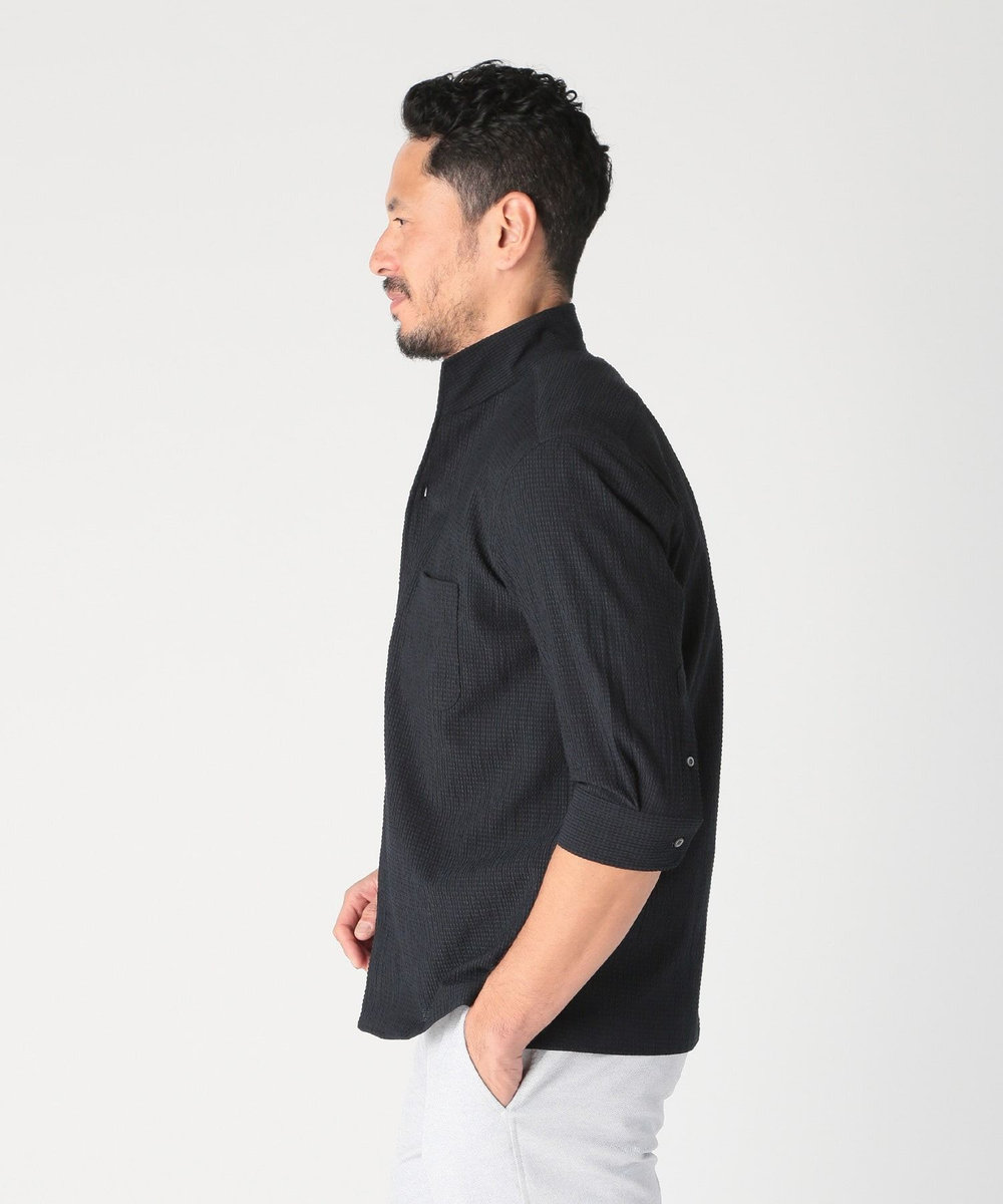 MEN'S BIGI カラミ織風サッカー七分袖スタンドカラーシャツ<ストレッチ/通気性> ネイビー