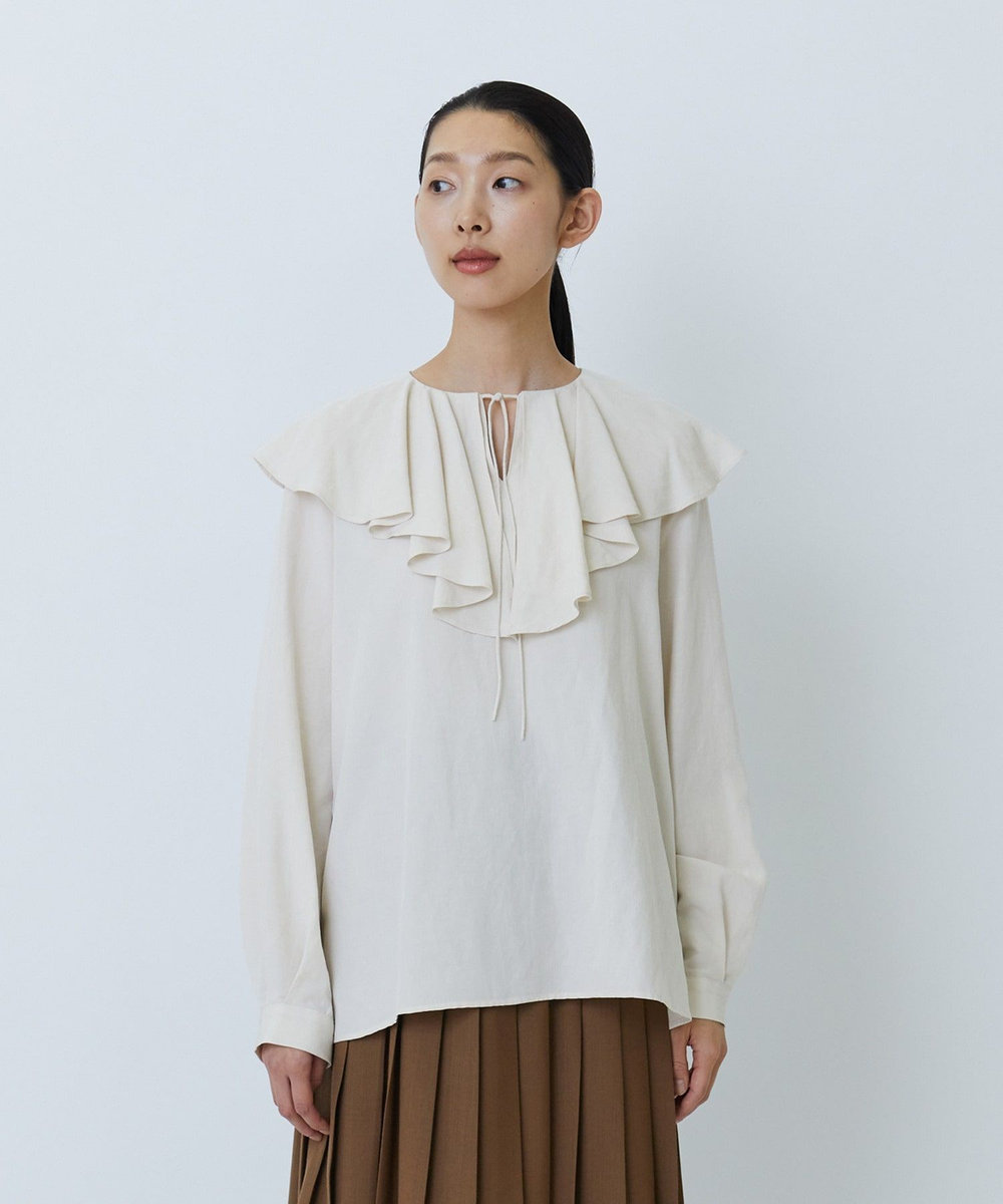 LOISIR レーヨンリネンラッフルカラーブラウス アイボリー