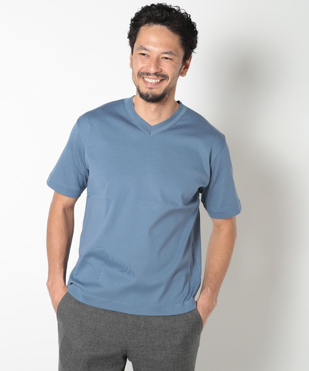 MEN'S BIGI 60/2マーセライズジャージVネックTEE ブルー