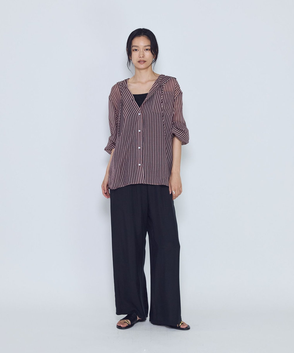 1er Arrondissement シアーマルチストライプフードシャツ ブラウン