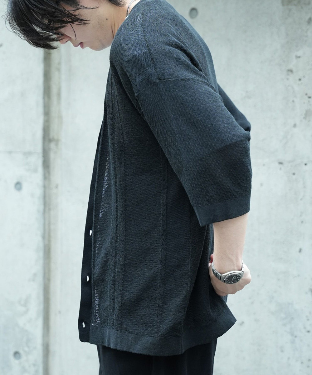 UNION STATION ＊WEB限定 シアーストライプルーズフィット5分袖カーディガン ブラック