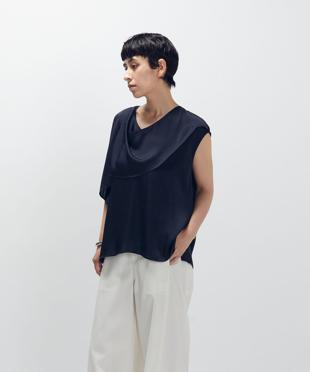 1er Arrondissement サテンドレープブラウス ネイビー
