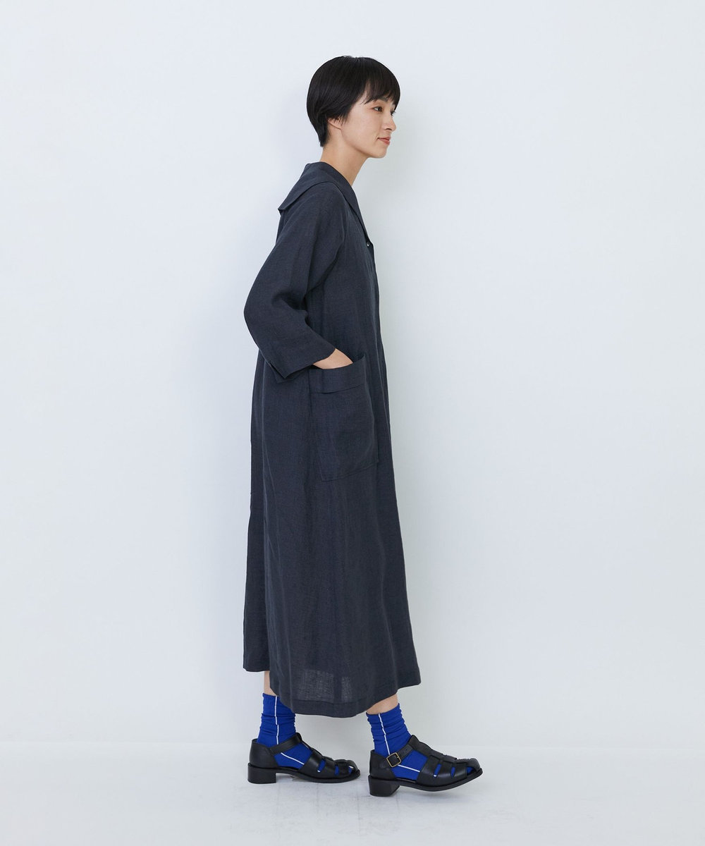 LOISIR リネンチェックセーラーカラーワンピース ブラック系その他