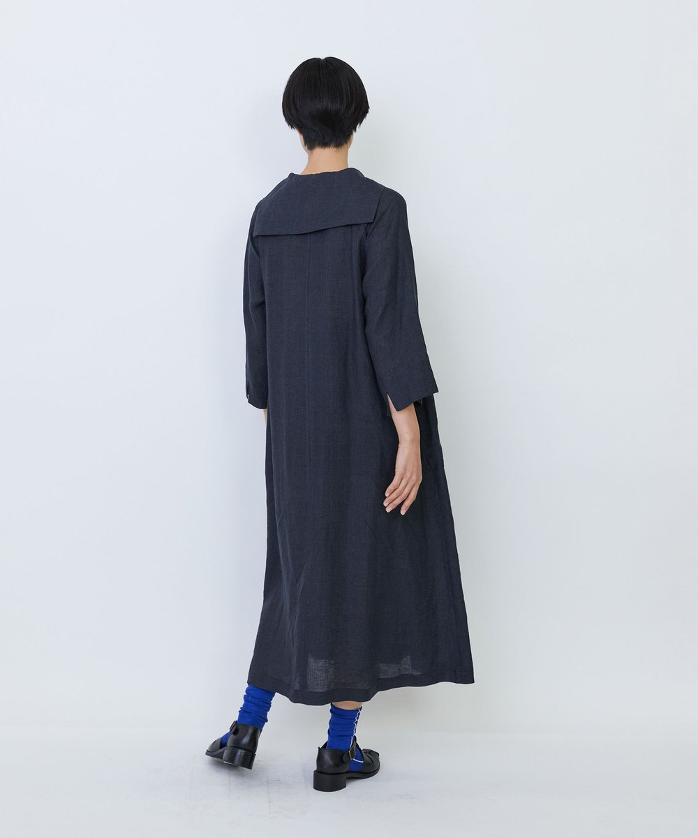 LOISIR リネンチェックセーラーカラーワンピース ブラック系その他