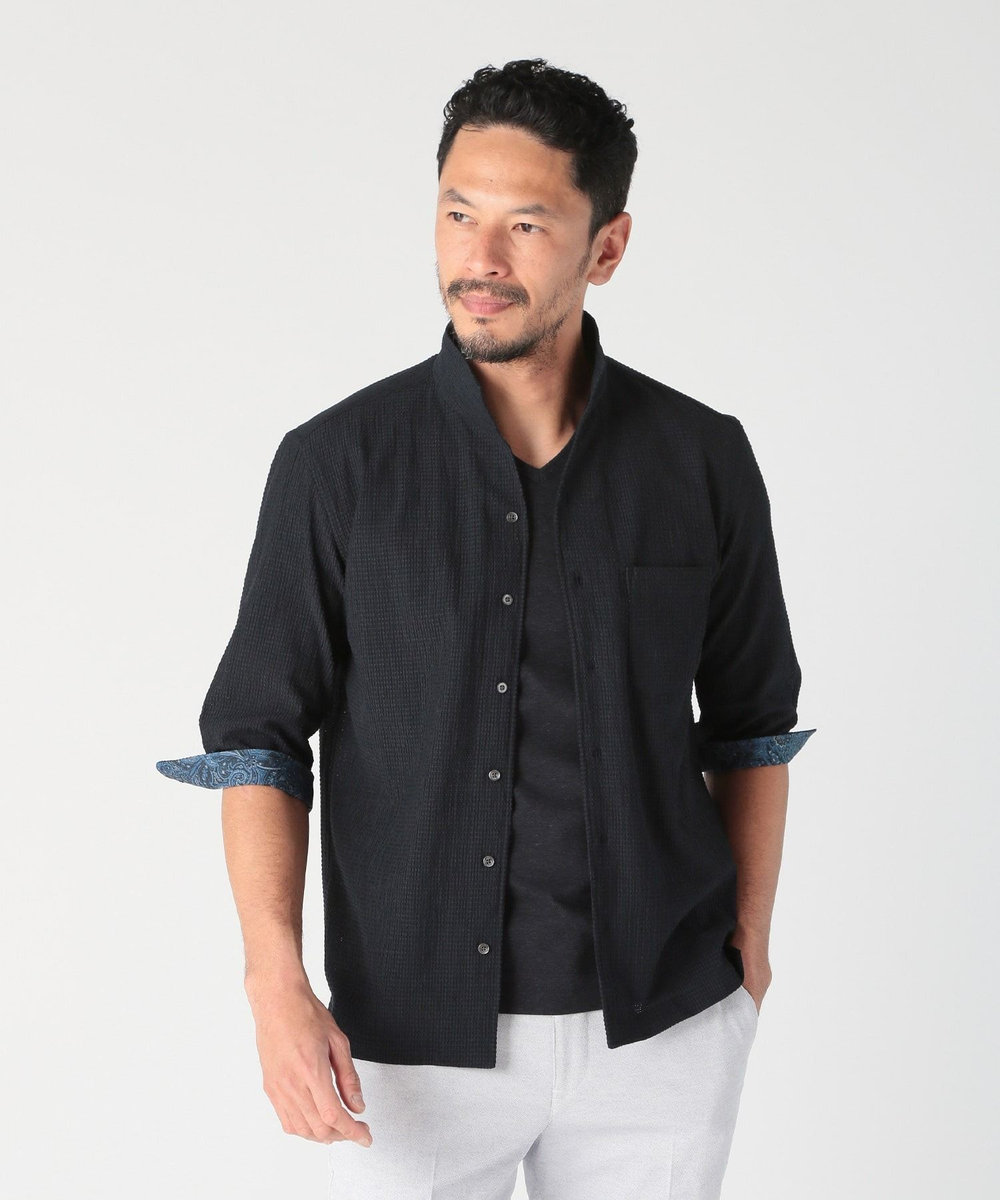 MEN'S BIGI カラミ織風サッカー七分袖スタンドカラーシャツ<ストレッチ/通気性> ネイビー