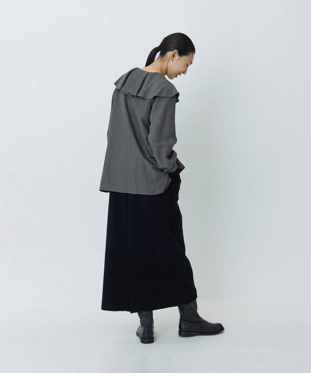 LOISIR レーヨンリネンラッフルカラーブラウス カーキ