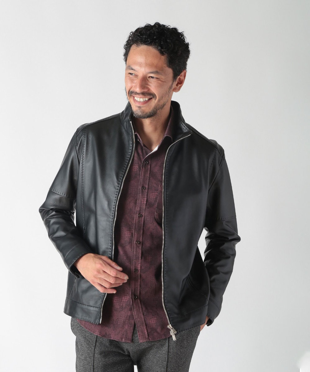 MEN'S BIGI スタンドカラーシングルライダース レザージャケット ブラック