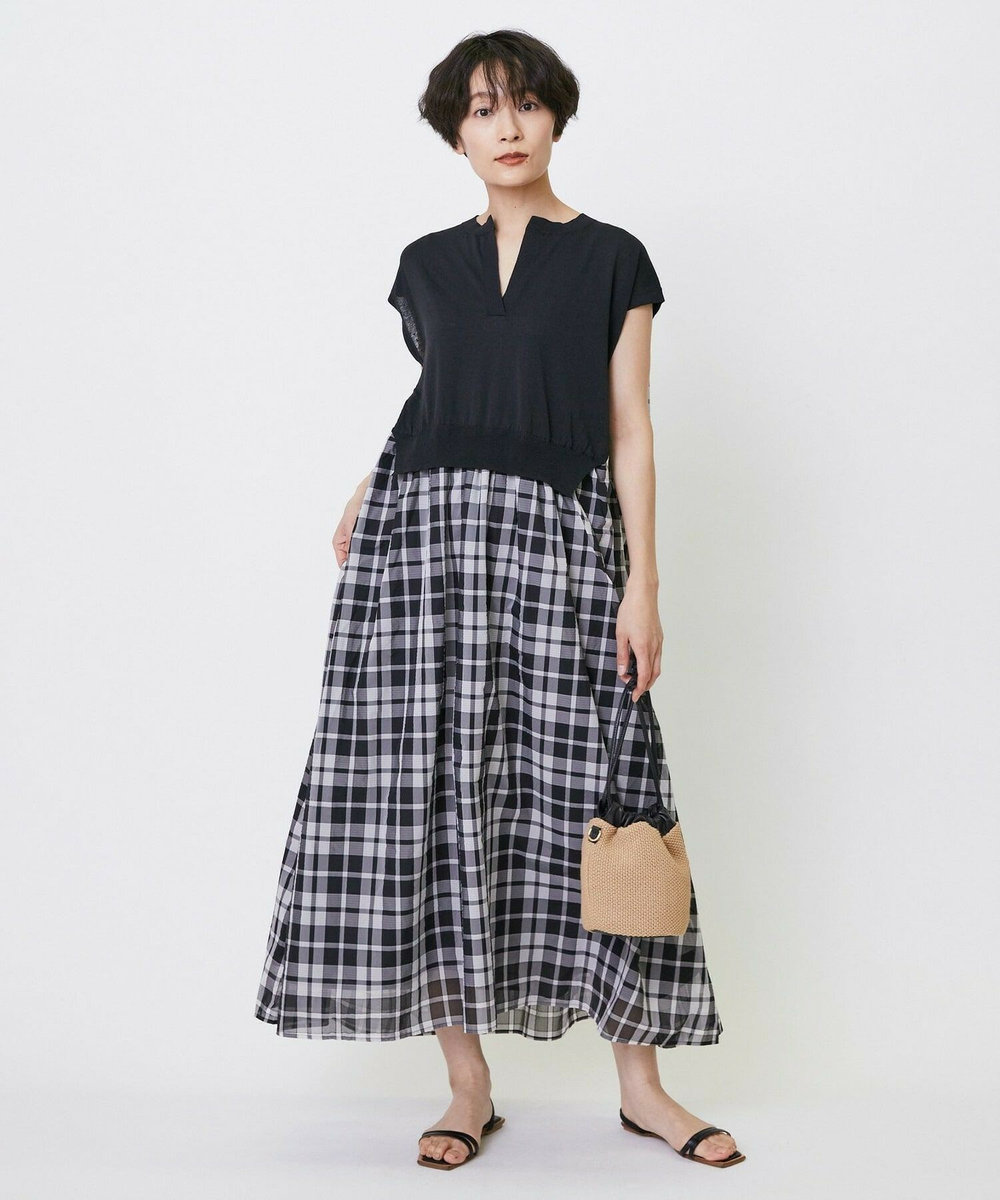 feerique feerique ニット×シアーチェックドッキングワンピース ブラック