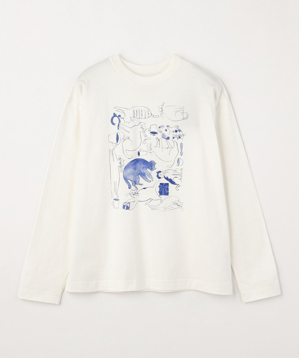 LOISIR 【EC限定・アーティストコラボ】LOISIR×TORANEKOBONBON CATプリントロングスリーブTシャツ オフホワイト