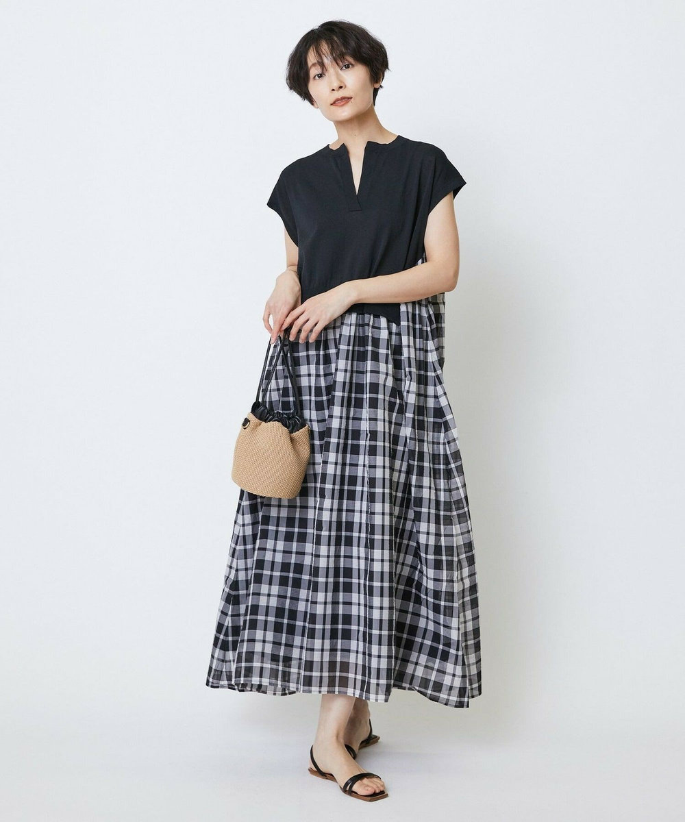 feerique feerique ニット×シアーチェックドッキングワンピース ブラック