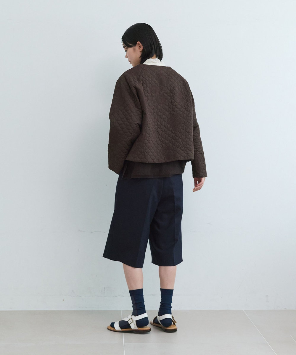 LOISIR コットンリネンキルティング風刺繍ノーカラージャケット ブラウン