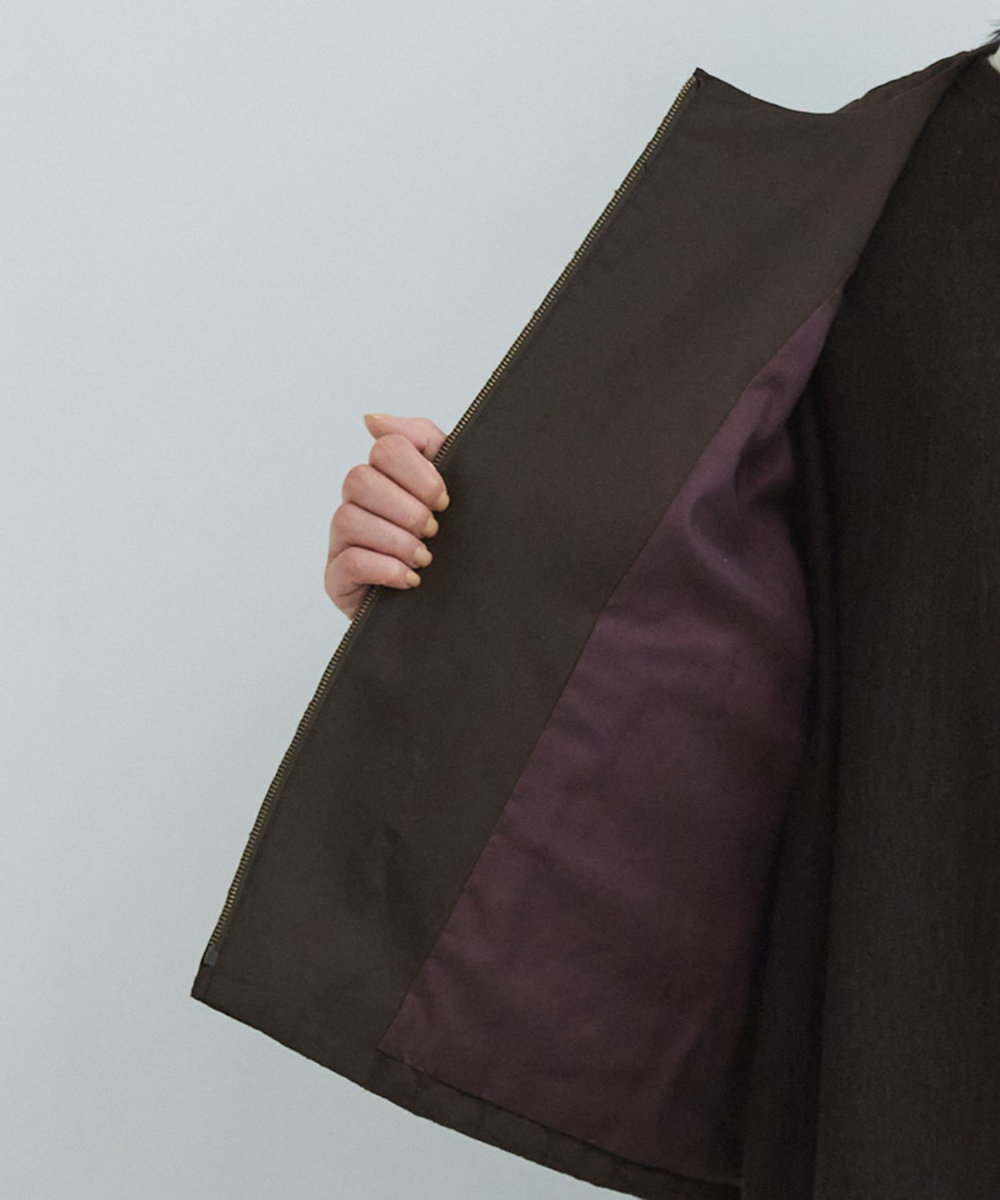 LOISIR コットンリネンキルティング風刺繍ノーカラージャケット ブラウン