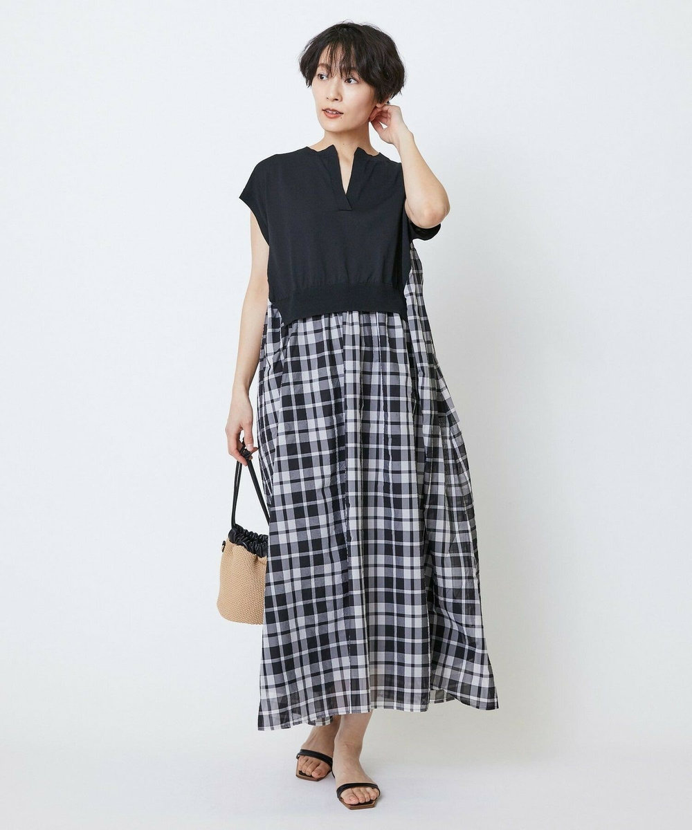 feerique feerique ニット×シアーチェックドッキングワンピース ブラック