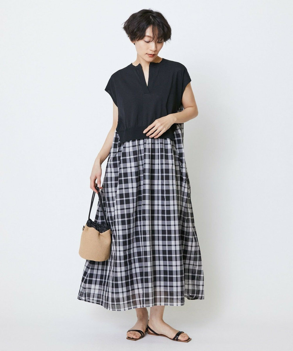 feerique feerique ニット×シアーチェックドッキングワンピース ブラック
