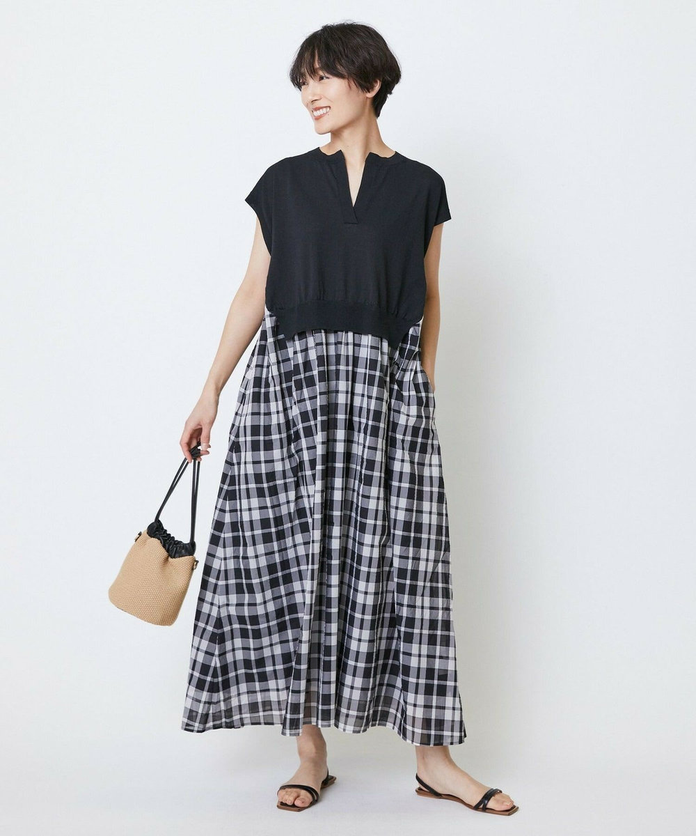 feerique feerique ニット×シアーチェックドッキングワンピース ブラック