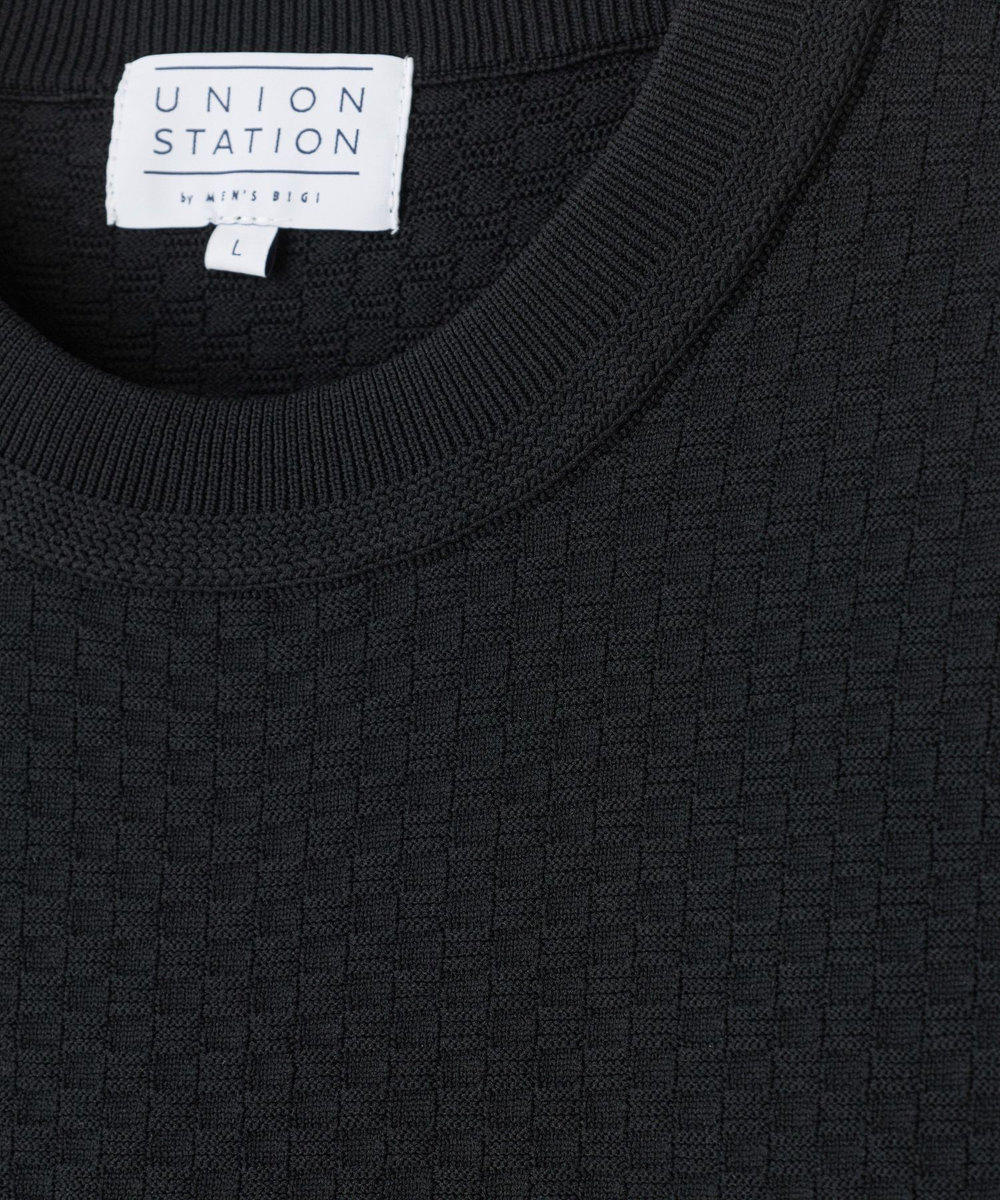 UNION STATION スクエアジャガード ライトクルーネックニット ブラック