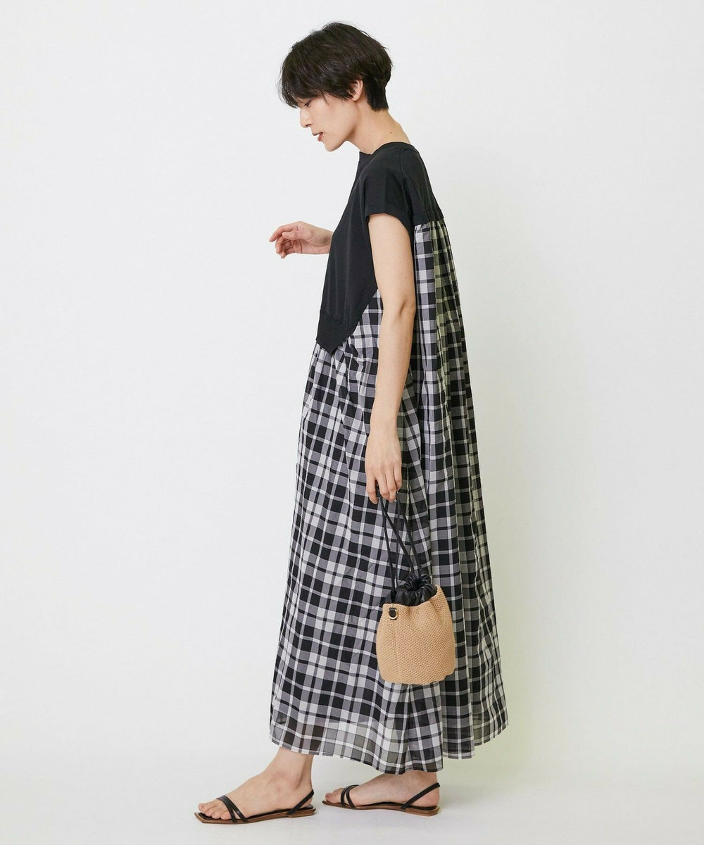 feerique feerique ニット×シアーチェックドッキングワンピース ブラック