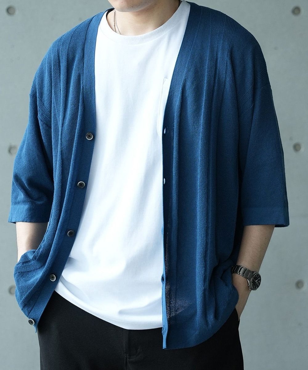 UNION STATION ＊WEB限定 シアーストライプルーズフィット5分袖カーディガン ブルー