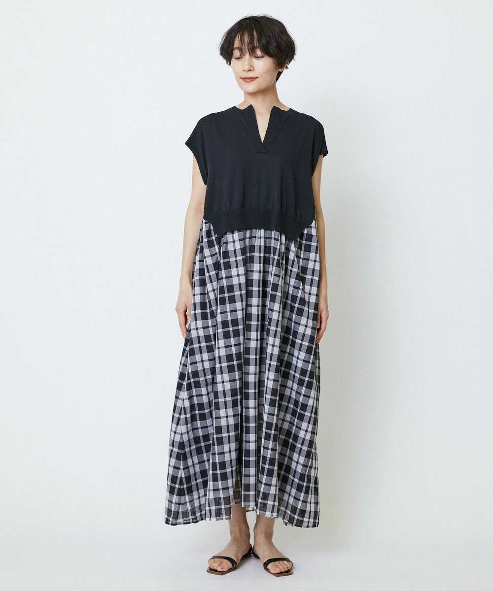 feerique feerique ニット×シアーチェックドッキングワンピース ブラック