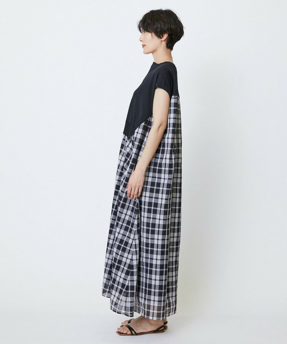 feerique feerique ニット×シアーチェックドッキングワンピース ブラック