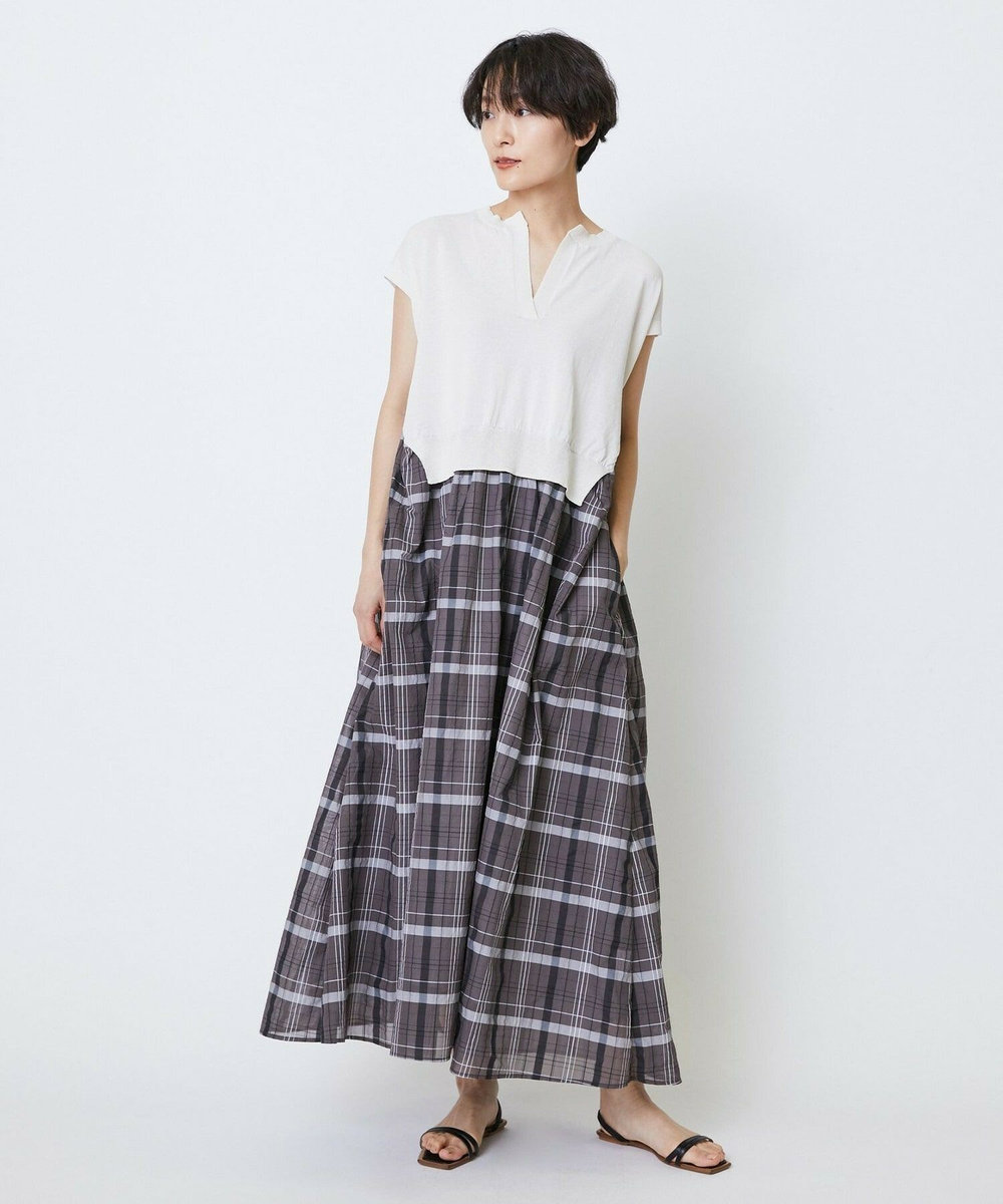 feerique feerique ニット×シアーチェックドッキングワンピース ブラウン